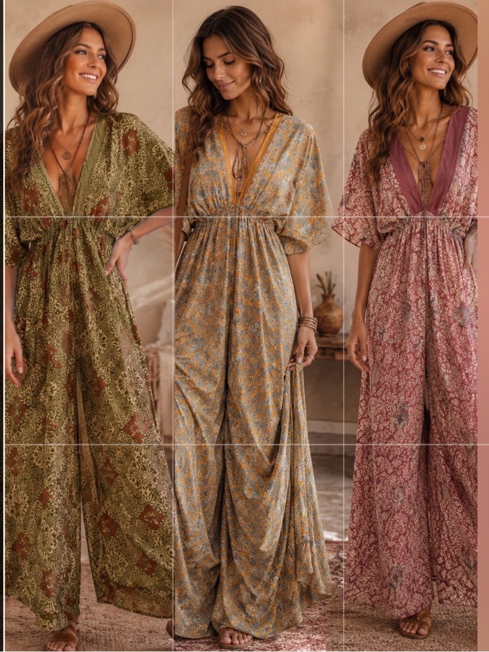Boho Wide-Leg Floral Jumpsuit in Rose one size  Indian silk (Pink)